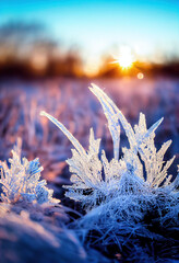 Morning photo of frozen leaves covered with frost, hoarfrost grass, bokeh, blurred, November, December