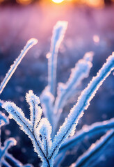 Morning photo of frozen leaves covered with frost, hoarfrost grass, bokeh, blurred, November, December