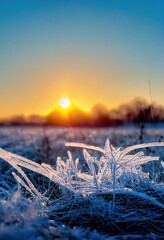 Morning photo of frozen leaves covered with frost, hoarfrost grass, bokeh, blurred, November, December