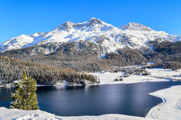 Silvaplana lake in winter from high view to Piz Corvatsch in Engadine in Switzerland