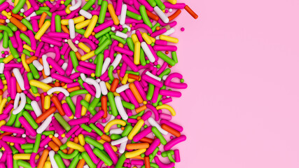 Colorful sprinkles on a pink background, top view with copy space 3d illustration