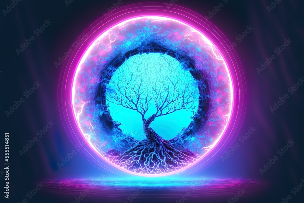 Poster pink and blue neon lights form a circular frame around an abstract backdrop depicting a magical cosm