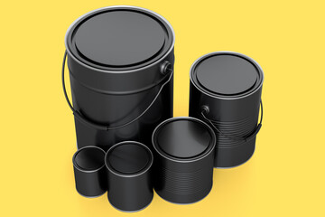Set of metal can or buckets of paint in row pattern on yellow background.
