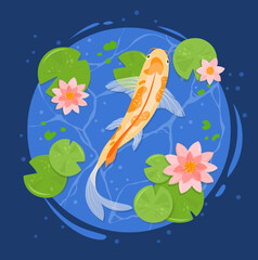 Koi carp fishes. Vector illustration of traditional japanese gold carp in pond with lotus, water lily, flowers. Japanese oriental garden with goldfish for posters, cards, banners, book, pattern, web