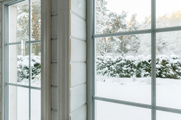 Home vinyl insulated windows with winter view of snowy trees and plants