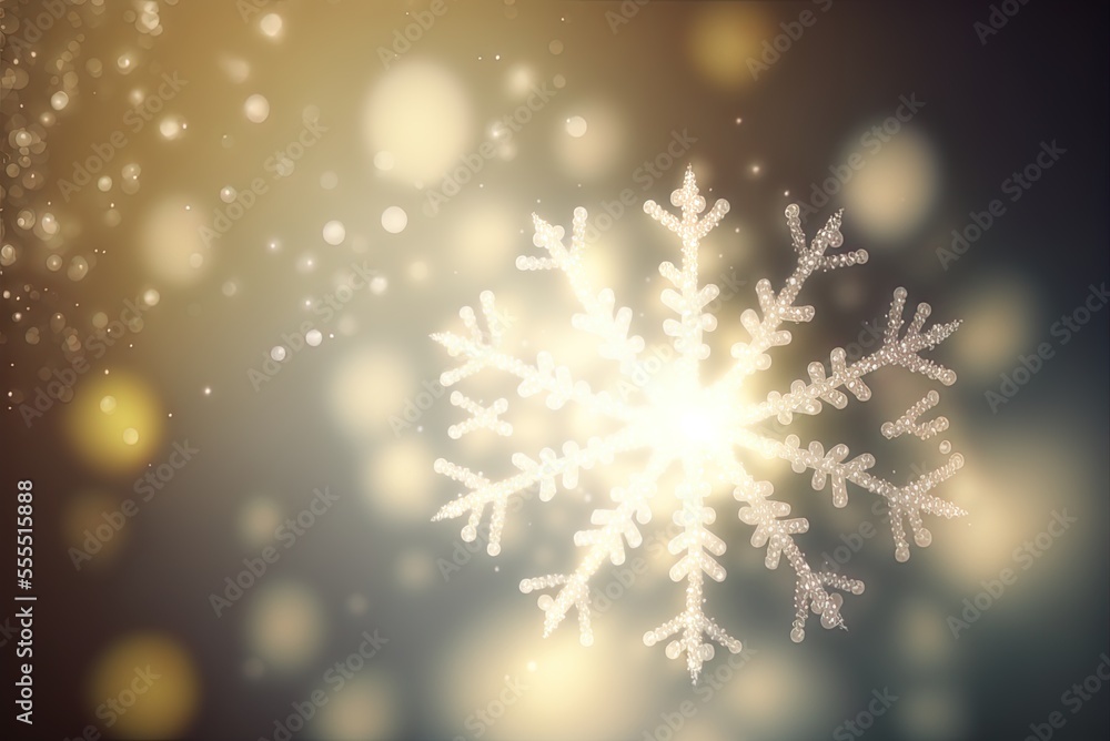 Poster illustration of an abstract christmas scene with a snowflake and glowing bokeh lights. generative ai