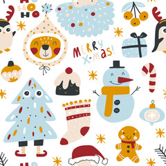 Fototapeta na wymiar Christmas seamless pattern with traditional symbols and decorative elements. Vector hand-drawn doodle in simple scandinavian cartoon style. limited palette for printing textiles and wrapping paper.