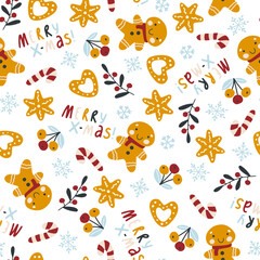 Christmas pattern with gingerbread cookies. Vector hand-drawn doodle in simple scandinavian cartoon style. The limited palette is ideal for printing textiles and wrapping paper.