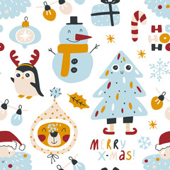 Fototapeta premium Christmas seamless pattern with traditional symbols and decorative elements. Vector hand drawn doodle in simple scandinavian cartoon style. limited palette for printing textiles and wrapping paper