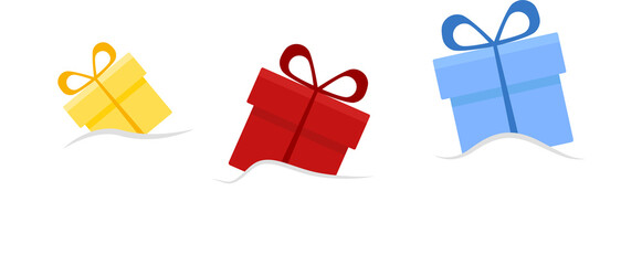 Three colorful gift boxes on the snow isolated on transparent background. Illustraiton of gifts in png