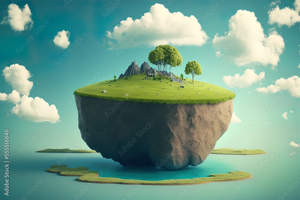 Poster surreal stone terrain floating in a cyan sky with clouds, including a paradise rock and a green gras