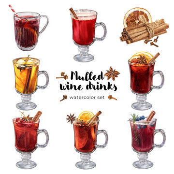 Watercolor illustration of Christmas mulled red wine set isolated on white background. Glasses of mulled wines
