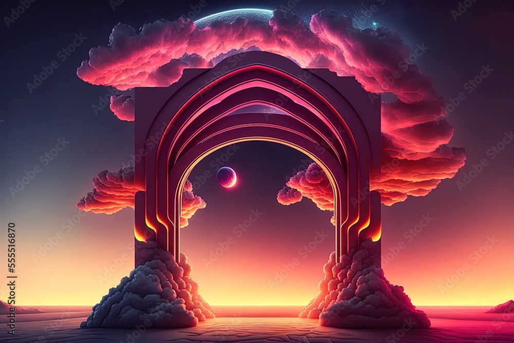 Poster fantastic neon square arch with shimmering cloud on an abstract backdrop. imaginary setting generati