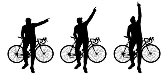 The cyclist leaned on the bike and looks around. A guy in a cap sits on a bicycle frame, with one hand he points the direction to the sides. Bicycle: side view. Man: front view, looking at the camera.