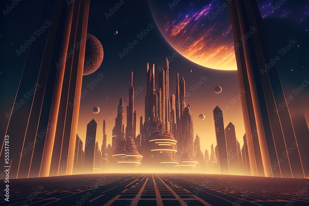 Aufkleber minimalist retro-futuristic texture. cyberspace with a skyline and starscape as a backdrop generativ