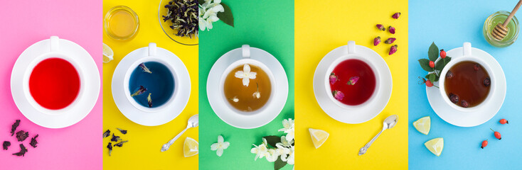 Collage of different tea in the white cup on the colored background. Top view.