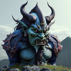 Demon statue on the mountain. Image creative generative Ai technology.	