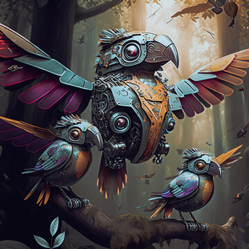A fantasy image, a colorful robot bird's family is flying in the sky. Image creative generative Ai technology.