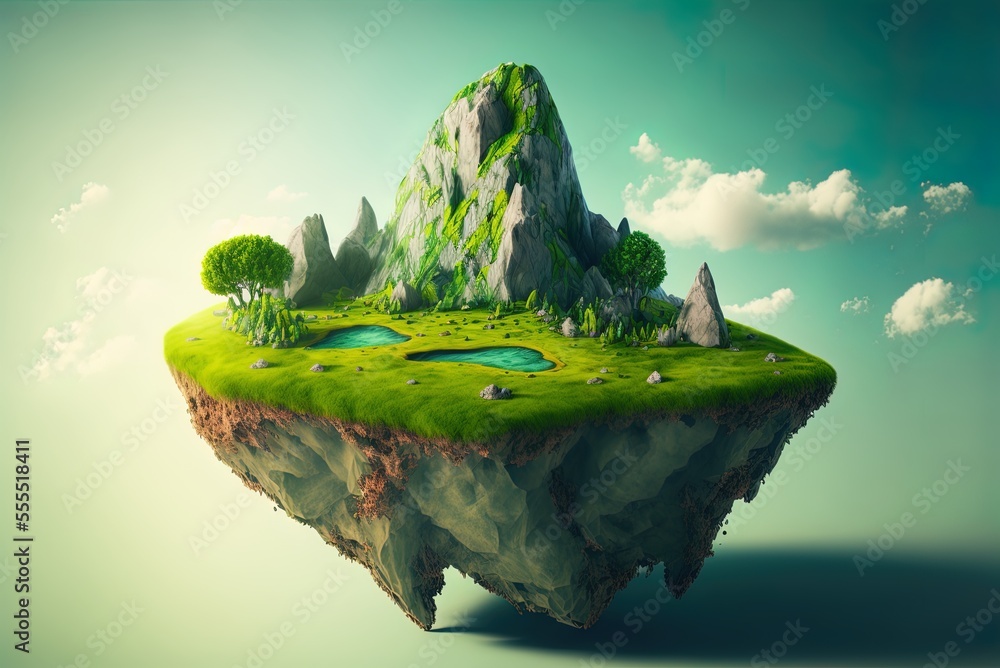 Poster aerial view of a floating island paradise with a rock and a field of green grass. dreamlike abstract