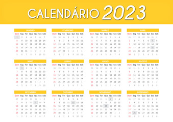 Brazilian Calendar in Portuguese 2023 YELLOW
