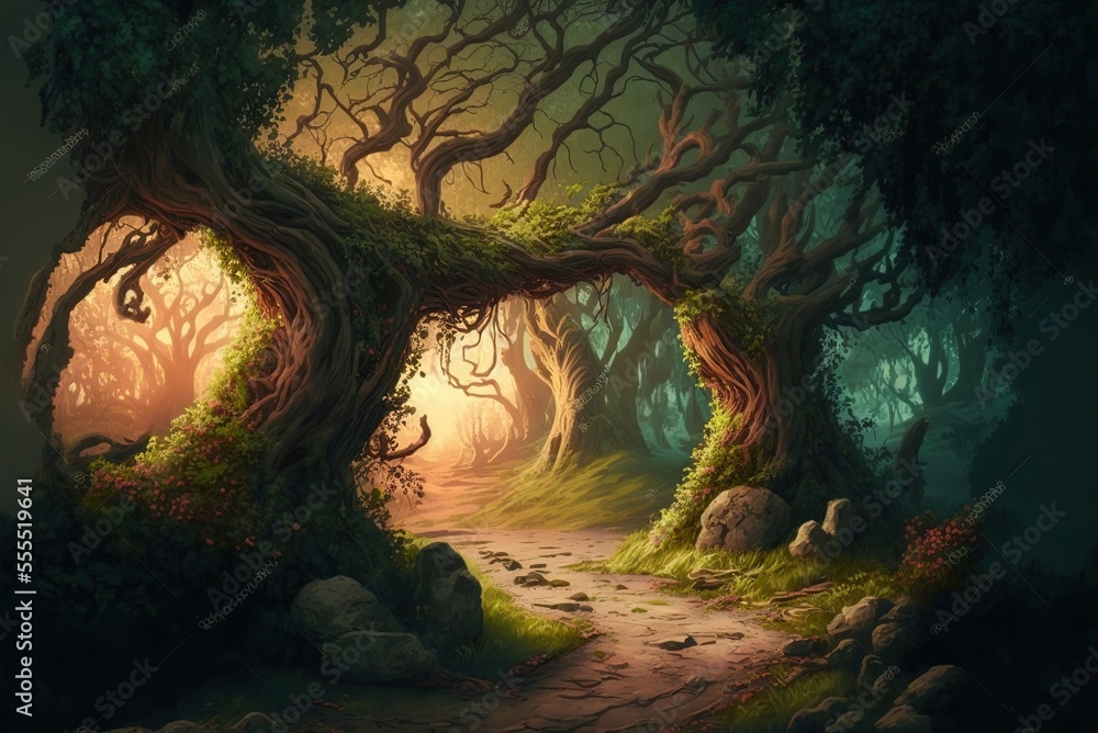 Poster big trees and lush greenery create an enchanting atmosphere in this magical woodland. illustration o