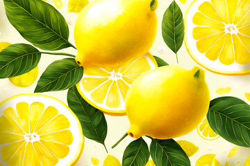  Fresh lemon  backgrond.  Image created with Generative AI technology. - obrazy, fototapety, plakaty
