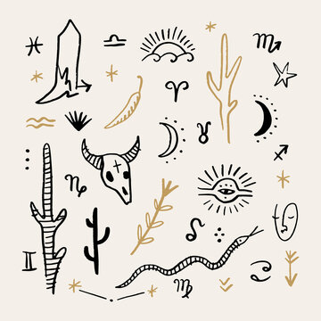 Boho western desert cartoon set. Cowboy boot, bull animal skull, chili pepper, snake, cacti and zodiac astrology symbols. Wild west characters isolated on color background. Vector clip art hand drawn