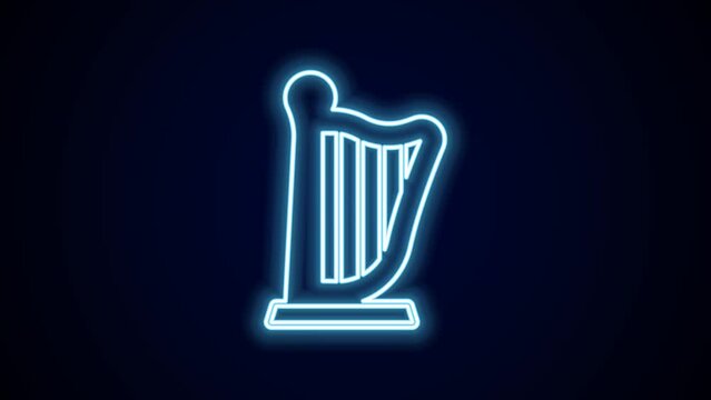Glowing neon line Harp icon isolated on black background. Classical music instrument, orhestra string acoustic element. 4K Video motion graphic animation