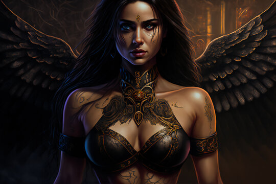 Portrait of a fantasy dark  female warrior . Fantasy illustration.  Image created with Generative AI technology.