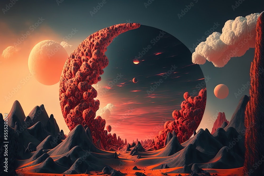 Poster landscape of fire and neon in a future desert fantasy abstract. light circling through dark clouds. 