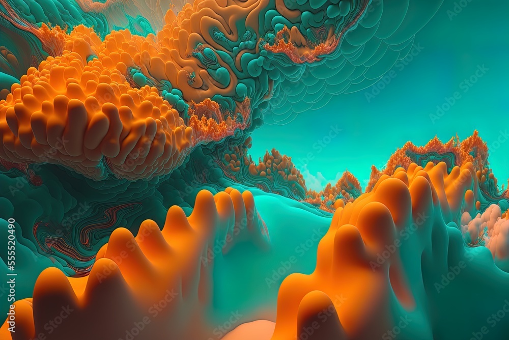 Poster fantastic clouds in abstract teal and orange. fractal backdrop with vibrant colors. aesthetic expres