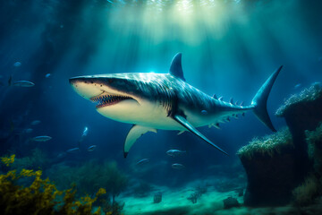 Naklejka premium Great White Shark Underwater. Image created with Generative AI technology.