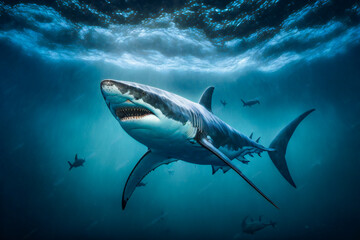 Obraz premium Great White Shark Underwater. Image created with Generative AI technology.