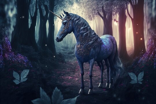 Fantasy landscape with a magical horse painted in the style of an artist. Unicorn in a fantastical forest; this is an abstract. Generative AI