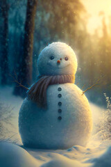 Obraz premium Smiling snowman outdoors on winter day. Image created with Generative AI technology.