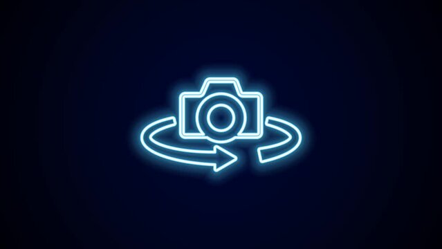 Glowing neon line 360 degree view icon isolated on black background. Virtual reality. Angle 360 degree camera. Panorama photo. 4K Video motion graphic animation