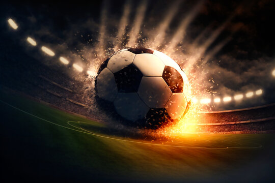 Soccer ball in the stadium.  Image created with Generative AI technology.