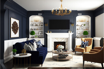 modern living room with fireplace, navy blue, mock up, AI generated