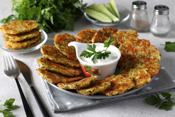 Baked zucchini pancakes with cheese and garlic, served for breakfast with sour cream