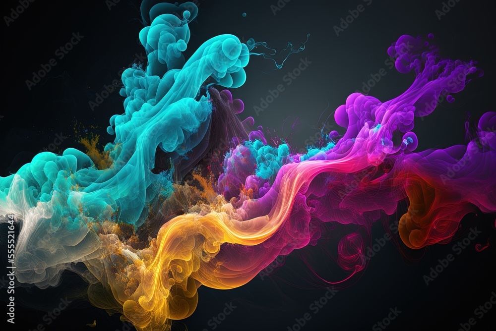 Poster computer-generated imagery. a burst of colored smoke. surface design abstracted onto a horizontal pl