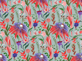 Seamless art pattern with bright tropics in red flowers painted with gouache in dry brush