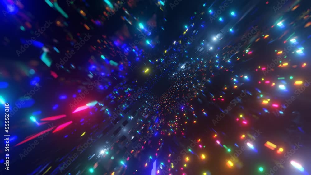 Poster blocks in air. large space. fly through technology cyberspace with multicolored neon glow. sci-fi fl