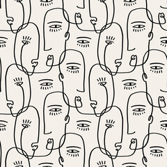 Line faces black and white linear boho modern abstract artisan vector seamless pattern