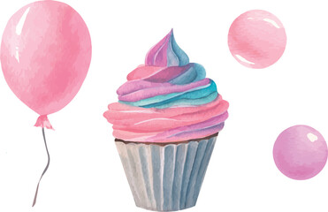 Set of vector watercolor birthday party elements in pastel colors, pink cupcake and balloon