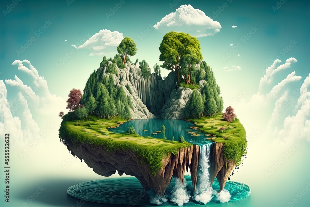 Poster surreal float landscape with waterfall paradise idea on blue sky cloud floating island with river st