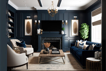 modern living room with fireplace, navy blue and white, mock up, AI generated