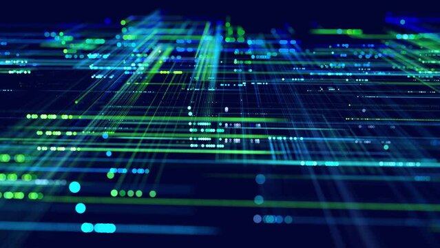 Lines form hologram information blocks, ai construction light grid, info concept lines and nodes. Big data fields. Hi-tech info technology. vj loop abstract background sci fi theme