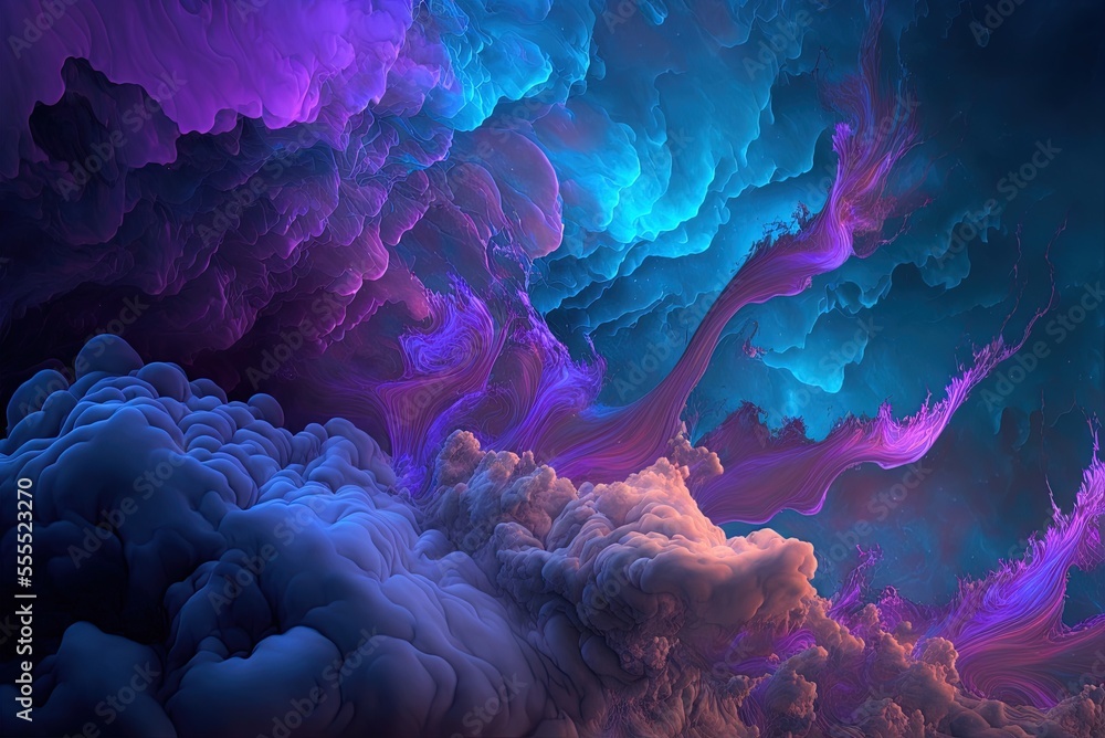 Poster clouds with a vivid blue and purple color scheme are abstracted here. fractal backdrop with vibrant 