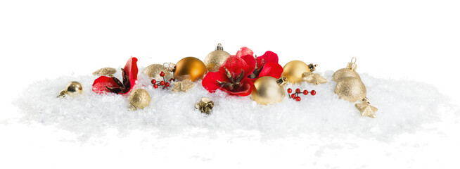 Christmas toys  in snow on white