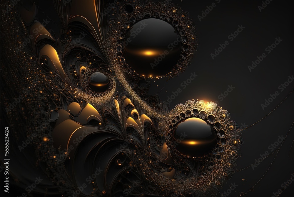 Poster abstraction of golden glints on a dark ground. created using a fictitious fractal pattern. aesthetic